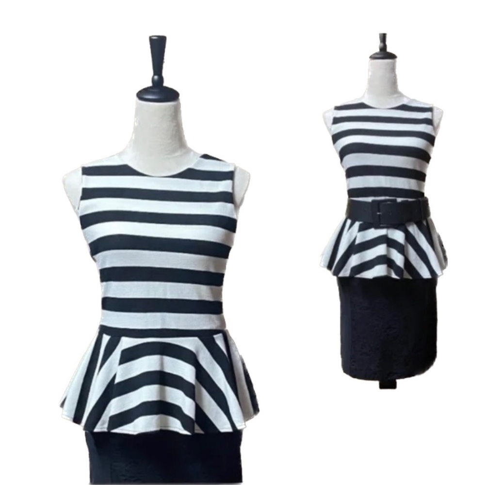 Black and White Stripe Peplum Top - Size S/M